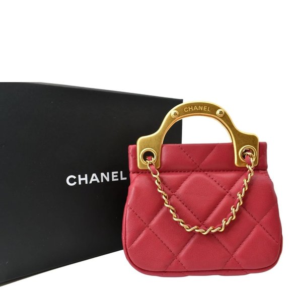 CHANEL Top Handle Flap Card Holder Quilted Leather Chain Shoulder Bag Red - Picture 4 of 14